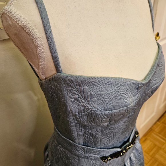 Wonderful MONIQUE LHUILLIER Light Blue Silk Brocade Beaded Formal Dress 4 XS S - Picture 8 of 14